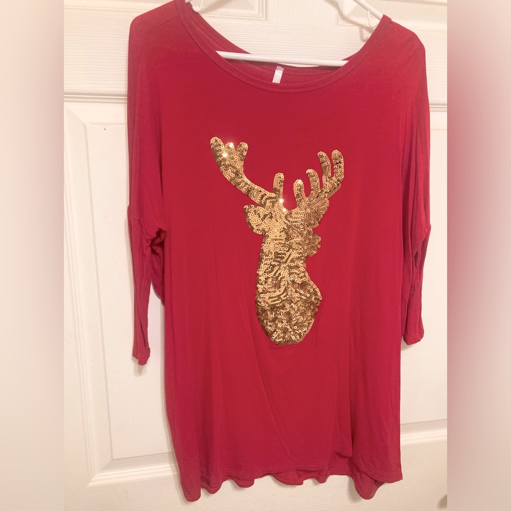 Reindeer Sequined Long Sleeves Top, Size Medium
